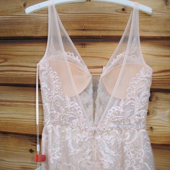 $998 Mac Duggal 11183 Lace Ruffle Tiered Plunge Neck Gown Dress Peach 4 - Picture 11 of 13